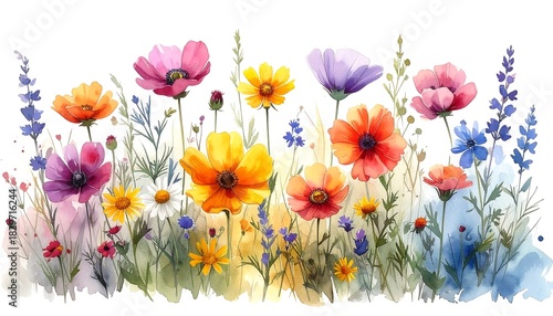Watercolor flowers create an inviting meadow scene with vibrant colors and soft, blended washes on a white background
