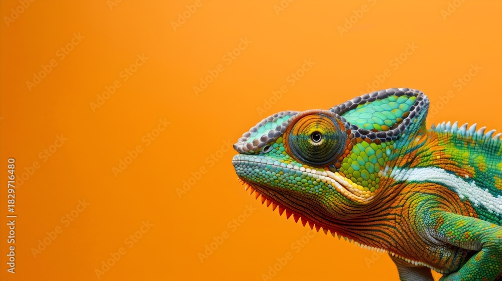 Fototapeta premium Chameleon on bright Orange background with copy space or text