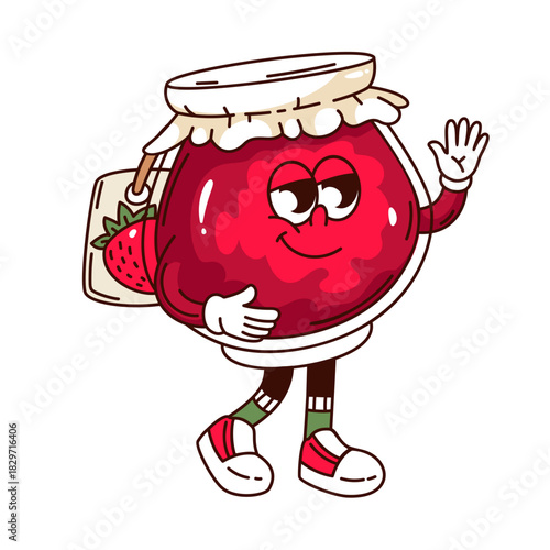 Strawberry jam jar cartoon with cute character details, bold groovy outline style, sweet berry texture, sticker design accent, colorful breakfast vibe, vector illustration.