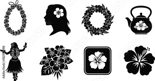 Black Silhouette Hawaii Icons Vector Illustration Set with Hula Dancer, Traditional Flower Lei, Woman Profile, Floral Wreath, Teapot, and Hibiscus Flower Graphics, Tropical Culture Elements