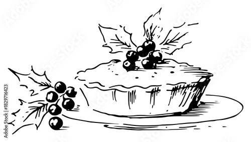 Vector doodle sketch of traditional Christmas pudding decorated with holly berries and leaves rough ink festive dessert illustration