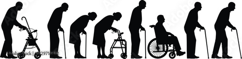 Evolution of Senior Mobility Needs, Depicted by a Sequence of Elderly Silhouettes Progressing from Cane and Walker Use to Wheelchair, Symbolizing the 
