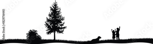 Silhouette of parent and child raising hands beside dog under pine tree on grassy hill in peaceful outdoor landscape scene