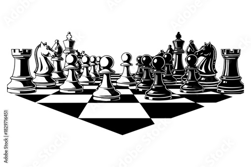 chess game setup against a white background, stylized with thick lines and solid black fills. The chessboard is visible in a perspective view, slightly angled,