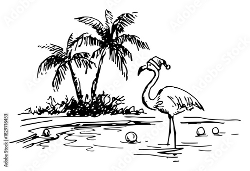 Vector doodle sketch of flamingo wearing Santa hat standing near palm trees rough line tropical Christmas illustration
