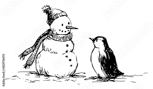 Vector doodle sketch of snowman wearing scarf and knitted hat standing next to small penguin rough ink winter scene