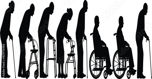 Sequential Silhouettes Illustrating the Full Progression of Elderly Mobility Needs, From Cane to Walker to Wheelchair, Symbolizing the Stages of Aging, .