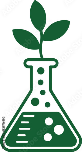 Green vector flask with a growing plant sprout icon representing biotechnology, ecological research, and environmental science