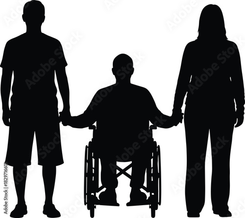Wheelchair Silhouette Concept Symbolizing Inclusive Family Support, Diversity, and Unity, Featuring Parenting Love, Compassion, Empathy, Friendship, 