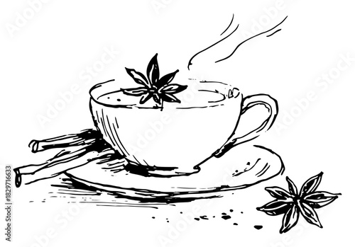 Messy ink doodle of hot spiced tea cup with star anise and cinnamon sticks vector illustration