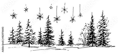 Vector doodle sketch of winter forest landscape with pine trees and stylized hanging snowflakes rough ink nature illustration