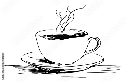 Scribbled hot coffee cup on saucer with rising steam aroma vector illustration