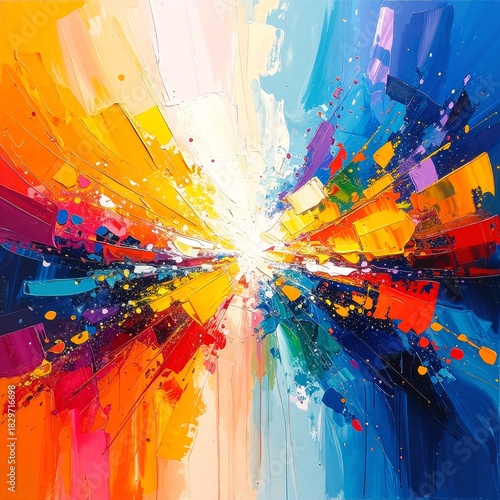 Vibrant abstract painting featuring bold swirls of red, blue, and yellow, creating a dynamic interplay of colors and shapes that evoke energy and emotion.