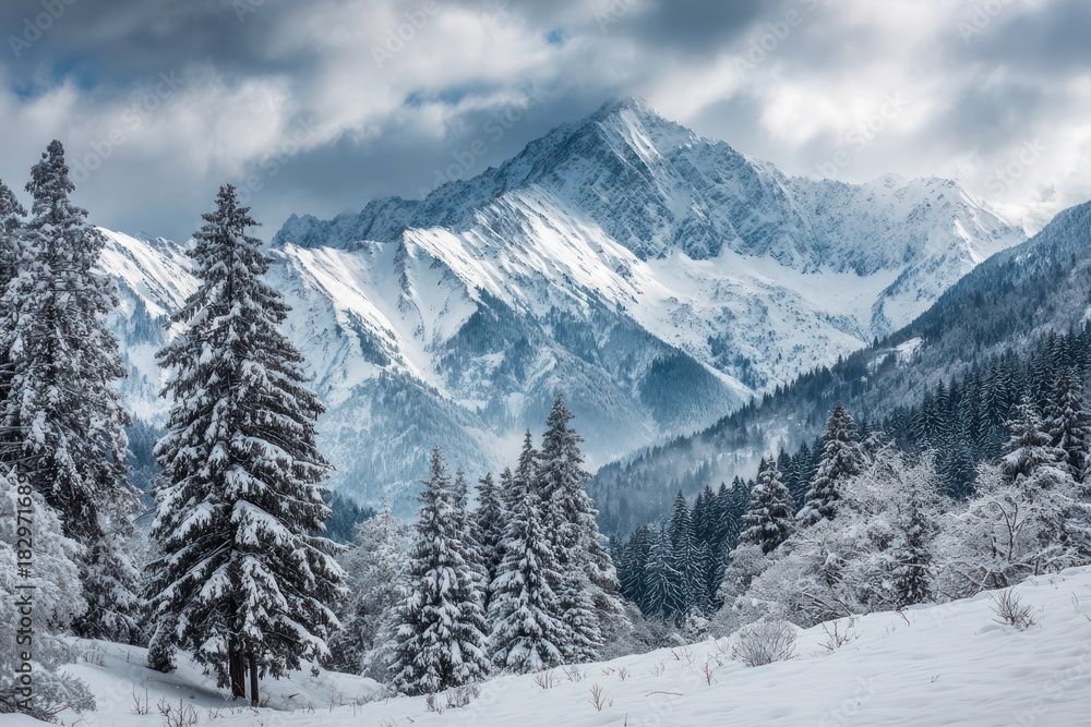 Fototapeta premium Serene Winter Mountain Scene Snow-Covered Forest View