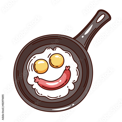 Fried eggs and sausage in a frying pan in groovy cartoon style with cute breakfast details and bold outline accents, bright morning sticker, colorful egg and sausage vector illustration.