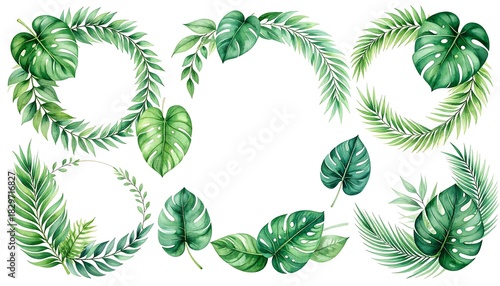 Watercolor foliage art, a vibrant array of green leaves, stylized into various circular & corner arrangements on white