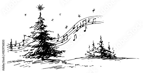 Vector doodle sketch of pine tree with musical staff and notes flowing in wind rough ink winter melody illustration