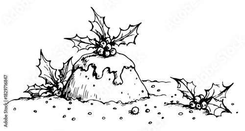 Rough messy sketch of traditional christmas pudding cake with holly berries vector illustration
