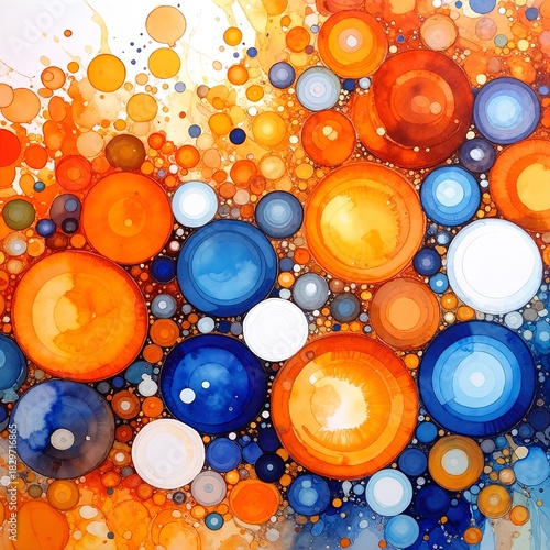 A vibrant abstract painting featuring a dynamic interplay of orange and blue circles, layered with textures and varying sizes, creating visual depth.