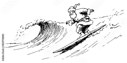 Funny rough doodle of santa claus surfing on big ocean wave vector illustration
