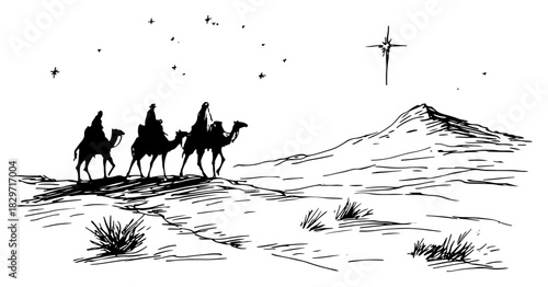 Vector doodle sketch of Three Wise Men riding camels in desert following Star of Bethlehem rough ink Magi illustration
