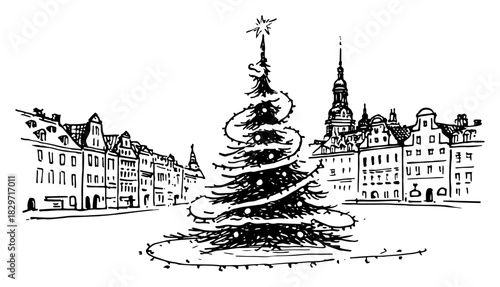 Rough architectural sketch of christmas tree in historic old town market square vector illustration