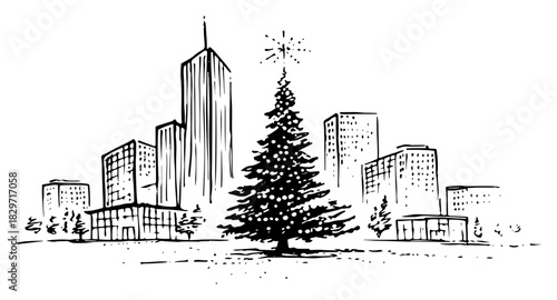 Uneven city skyline sketch with skyscrapers and christmas tree vector illustration