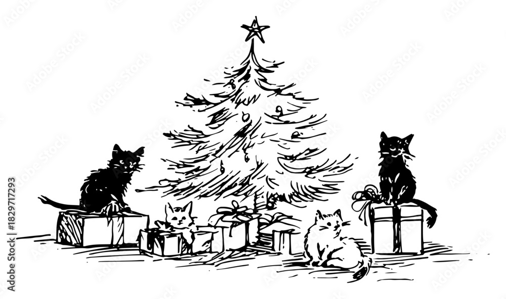 Fototapeta premium Vector doodle sketch of cute cats and kittens playing around Christmas tree and gift boxes rough ink pet illustration