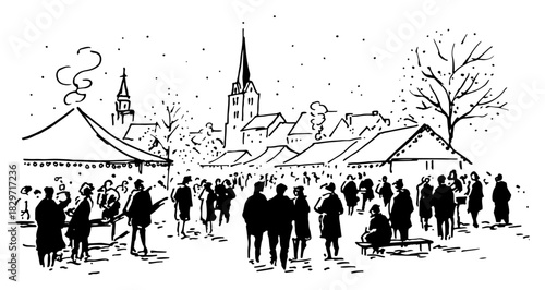 Rough crowd sketch of traditional christmas market square vector illustration