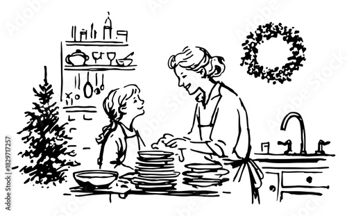 Vector doodle sketch of mother and daughter washing dishes in kitchen near Christmas tree rough ink festive household illustration