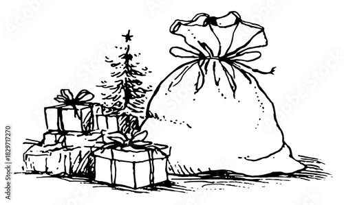 Vector doodle sketch of large Santa sack filled with presents next to gift boxes rough ink holiday delivery illustration
