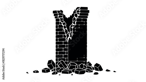 Ruinous tower of bricks with debris in silhouette style silhouette