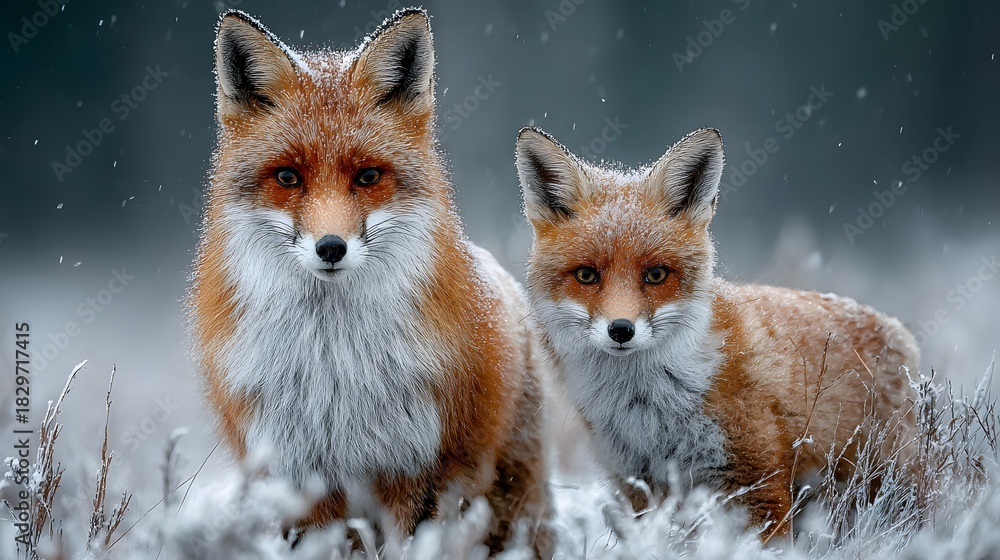 Naklejka premium Adorable red fox mother stands next to her small cub in a snowy field with soft winter light and falling snowflakes in a heartwarming scene.