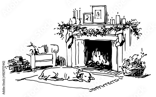 Vector doodle sketch of dog sleeping on rug in front of burning fireplace decorated with Christmas stockings rough ink interior
