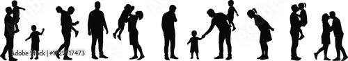 Silhouette of parents playing with children, lifting, walking, hugging, bonding moments of family love and relationship in vector illustration