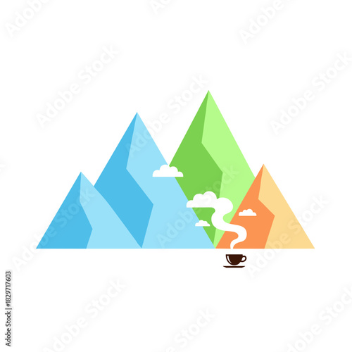 Coffee cup with steam in front of colorful mountain landscape  