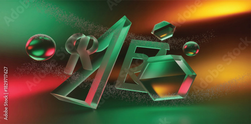 A cinematic, high-end 3D render featuring oversized, refractive, glass-like geometric shapes, including a large prism and stylized letters forming a percent sign 