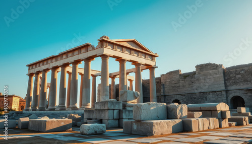 The ancient Greek temple of Delphi, with its white marble columns and pediment, stands majestically amidst a modern backdrop of stone walls and buildings.