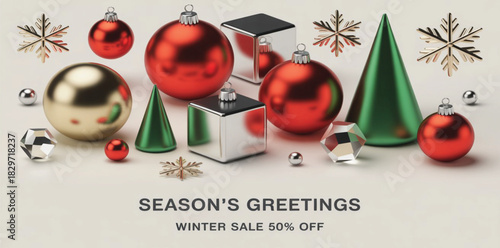 The composition features a clean, white background and a clutter-free arrangement of classic holiday objects: matte red and deep emerald green Christmas baubles, glossy silver cone shapes, metallic 