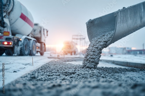 Pouring Concrete on Cold Winter Construction Site Close-up