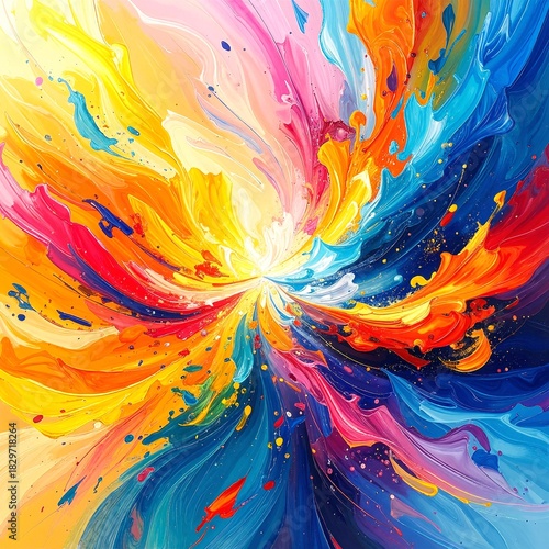 A vibrant array of colorful paint splats in various sizes, showcasing bright hues of red, blue, yellow, and green, creating an energetic and artistic backdrop.