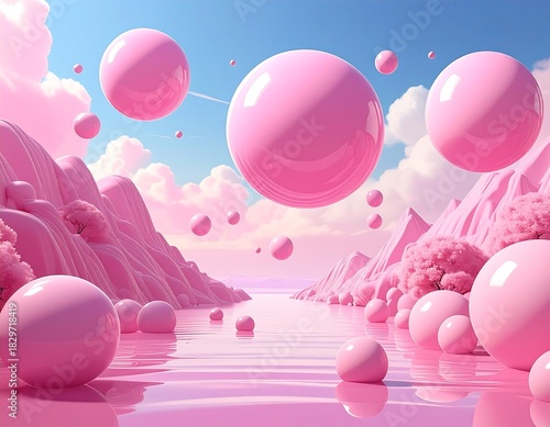 Pink Bubble Landscape Dreamy Scene.
