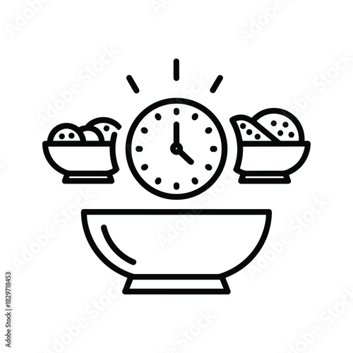 Black and white line icon representing meal time or food preparation schedule with clock and bowls isolated on