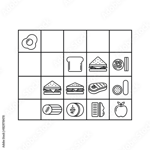 Black and white outline icons grid representing various breakfast and lunch food items like egg, sandwich, steak, and fruit isolated on