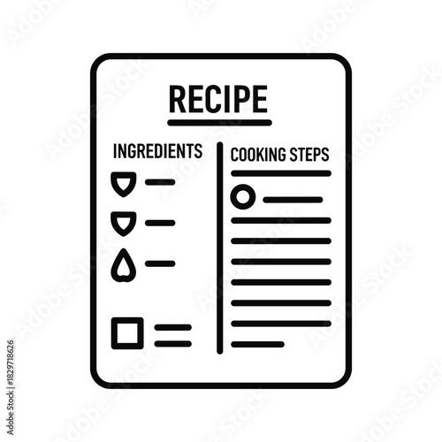 Black and white line art icon representing a recipe card with sections for ingredients and cooking steps, isolated on