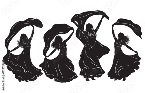 Silhouettes of four women dancing gracefully with flowing fabric in a dynamic and expressive performance