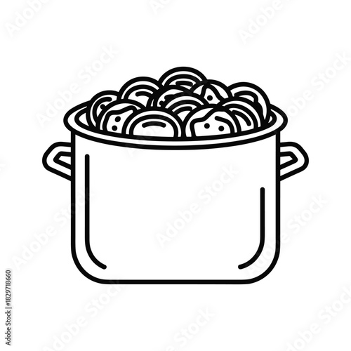 Black and white line art icon of a cooking pot filled with dumplings or pasta, isolated on