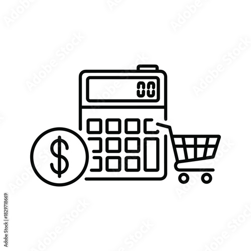 Black and white line icon representing calculation of purchase cost with a calculator, dollar sign, and shopping cart isolated on