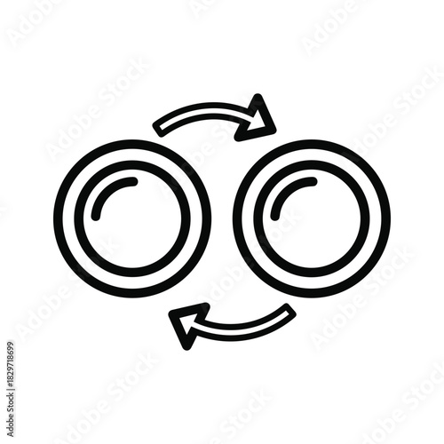 Black and white line icon representing two circular objects exchanging position with curved arrows indicating rotation or swap, isolated on