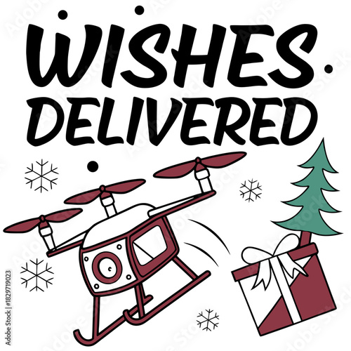 Christmas Drone Delivery, Wishes Delivered, Holiday Vector – Fast Santa Quadcopter Bringing Presents, Modern Technology Christmas Shopping, Snowflakes, Tree, Gift Box, Express Shipment, Winter Holiday